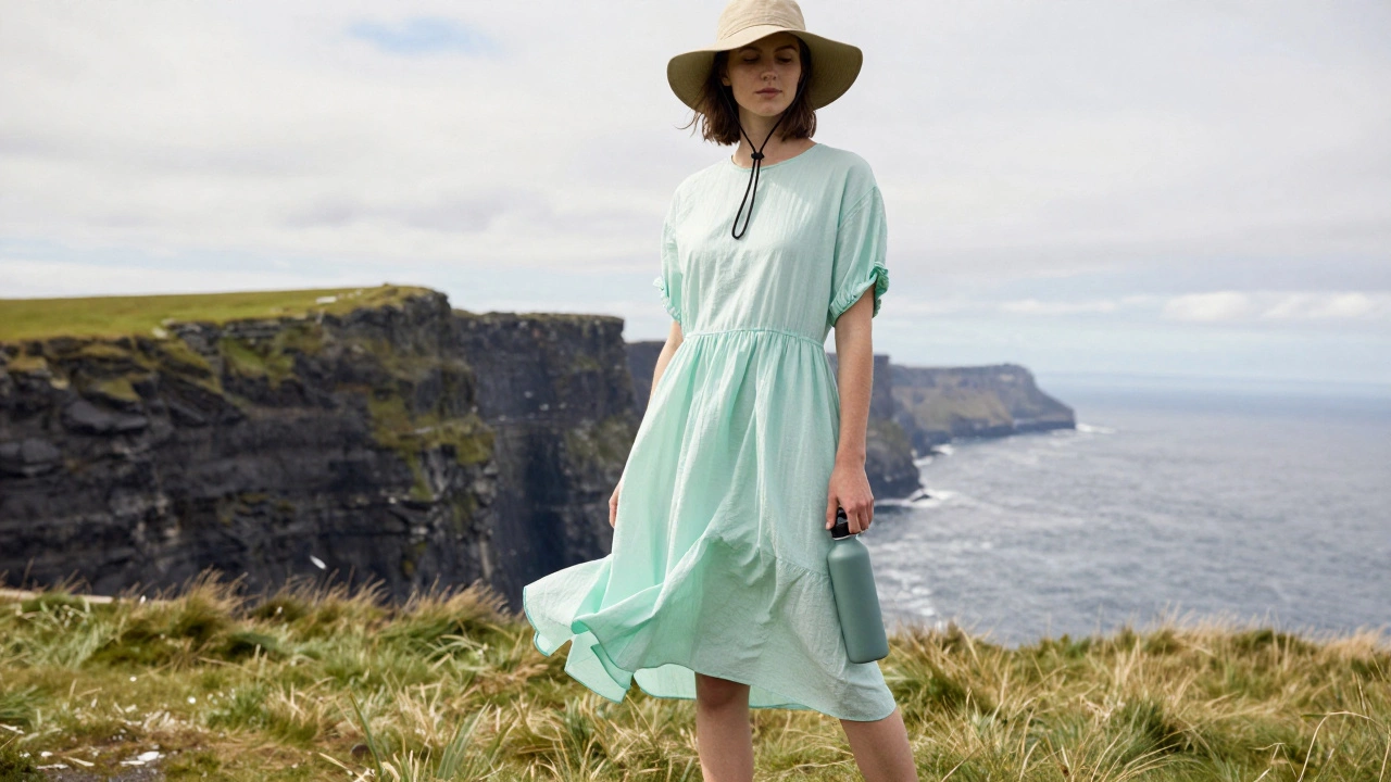 Woman in loose pastel dress enjoying breeze in Irish coastal landscape
