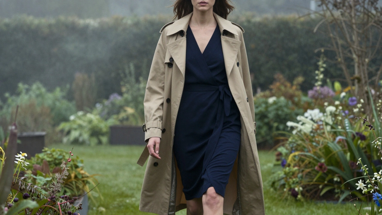 Woman in navy wrap dress and open trench coat