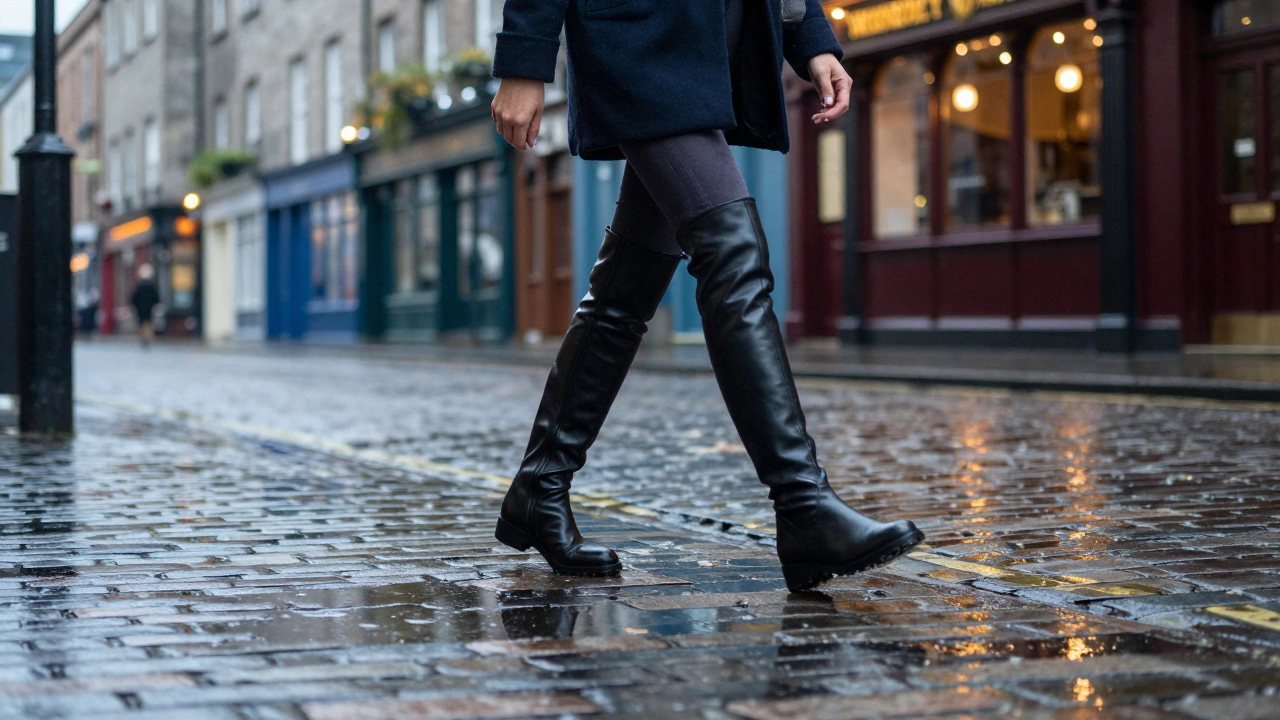 Woman walking on wet Dublin cobblestones in knee-high boots