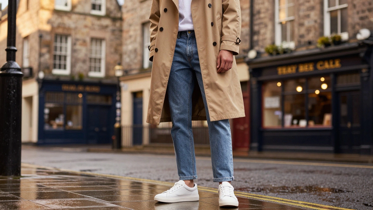 Young person in smart-casual attire wearing trainers in Dublin's Temple Bar