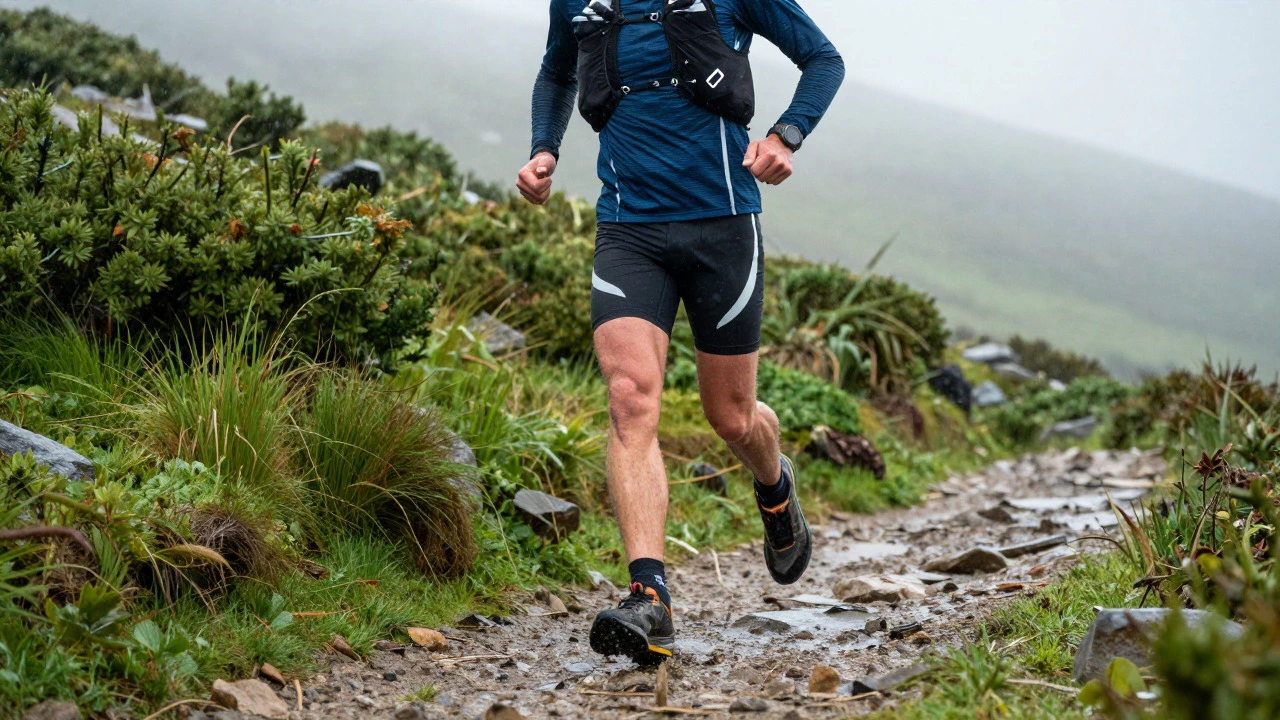 A runner in technical active wear navigates a rainy trail in the Wicklow Mountains.