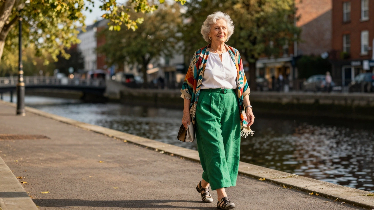 Active senior woman walking confidently in Dublin wearing linen trousers