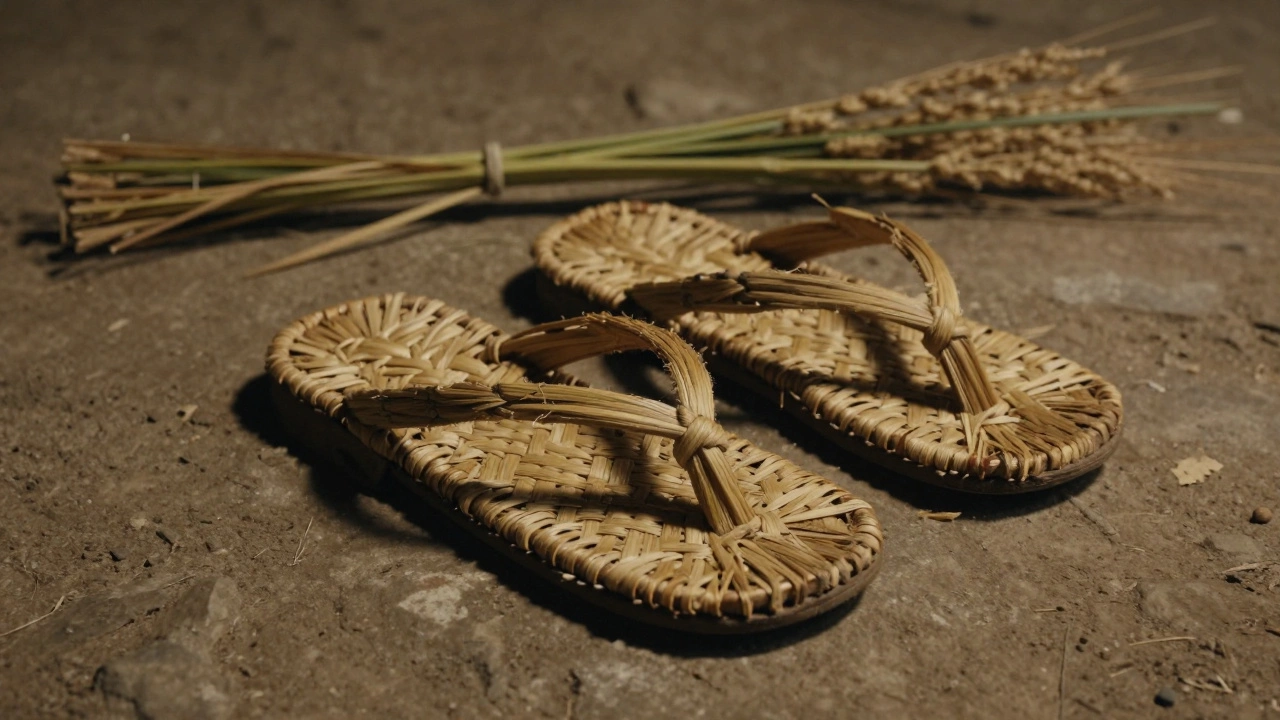 Ancient Waraji straw sandals on rustic ground