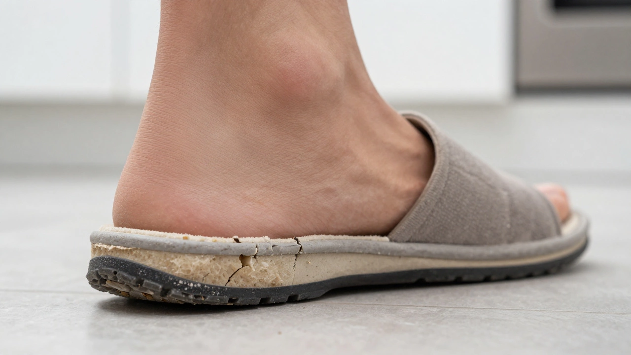 Close-up of a slipper sole with worn tread and cracked foam