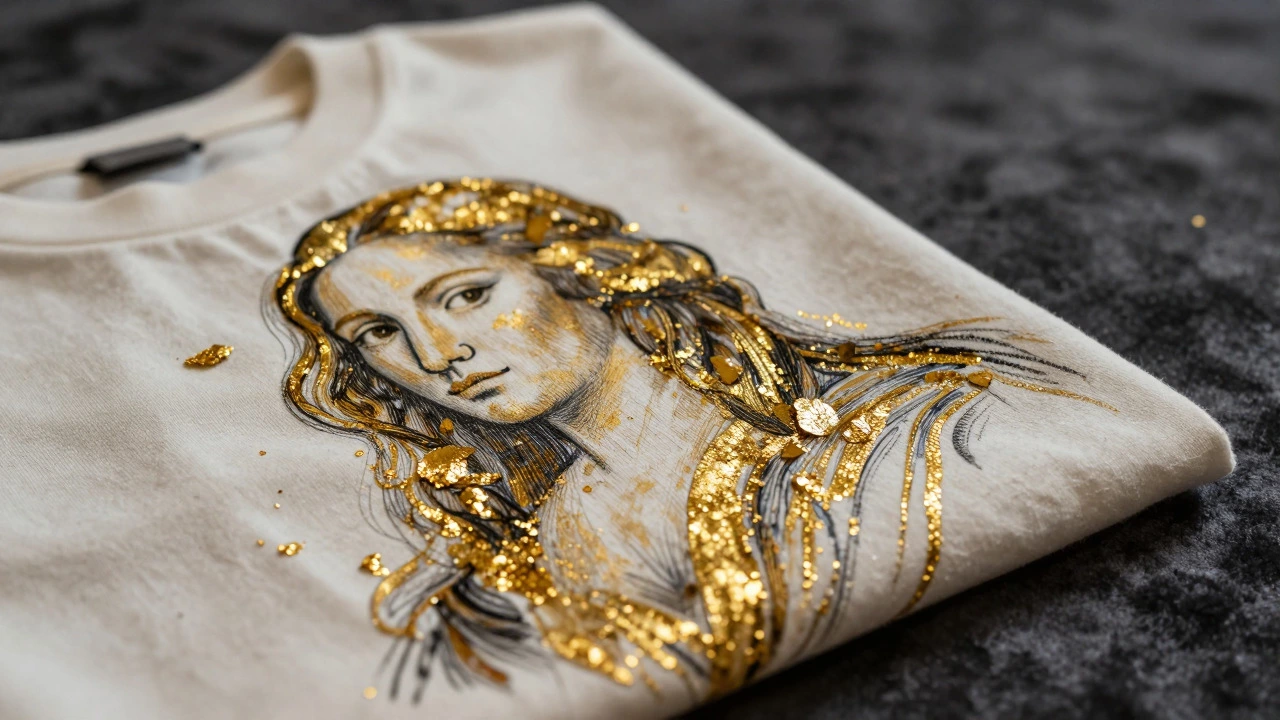 Close-up of gold-leaf decorated designer t-shirt on velvet