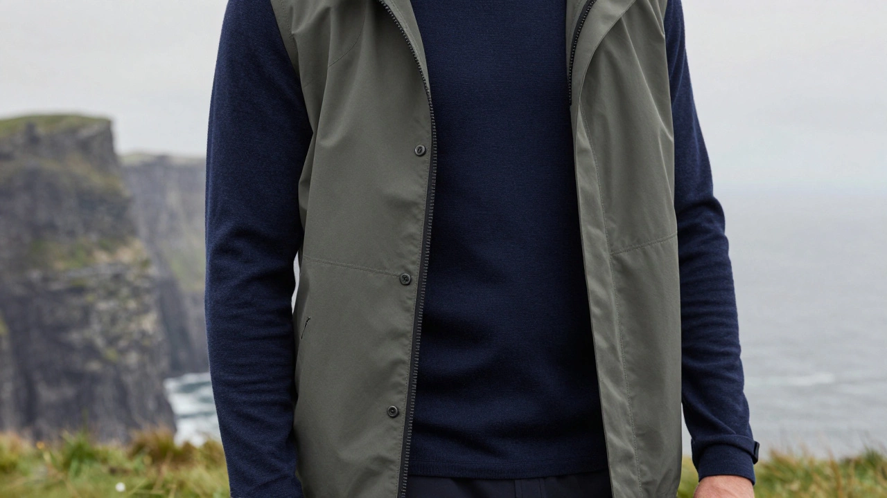 Close-up of layered technical fabrics in olive and navy tones