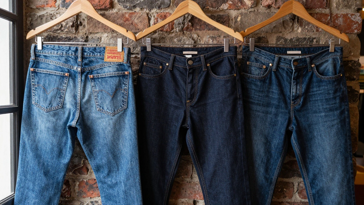 Close-up of Levi's, Mango, and Nudie jeans on hangers