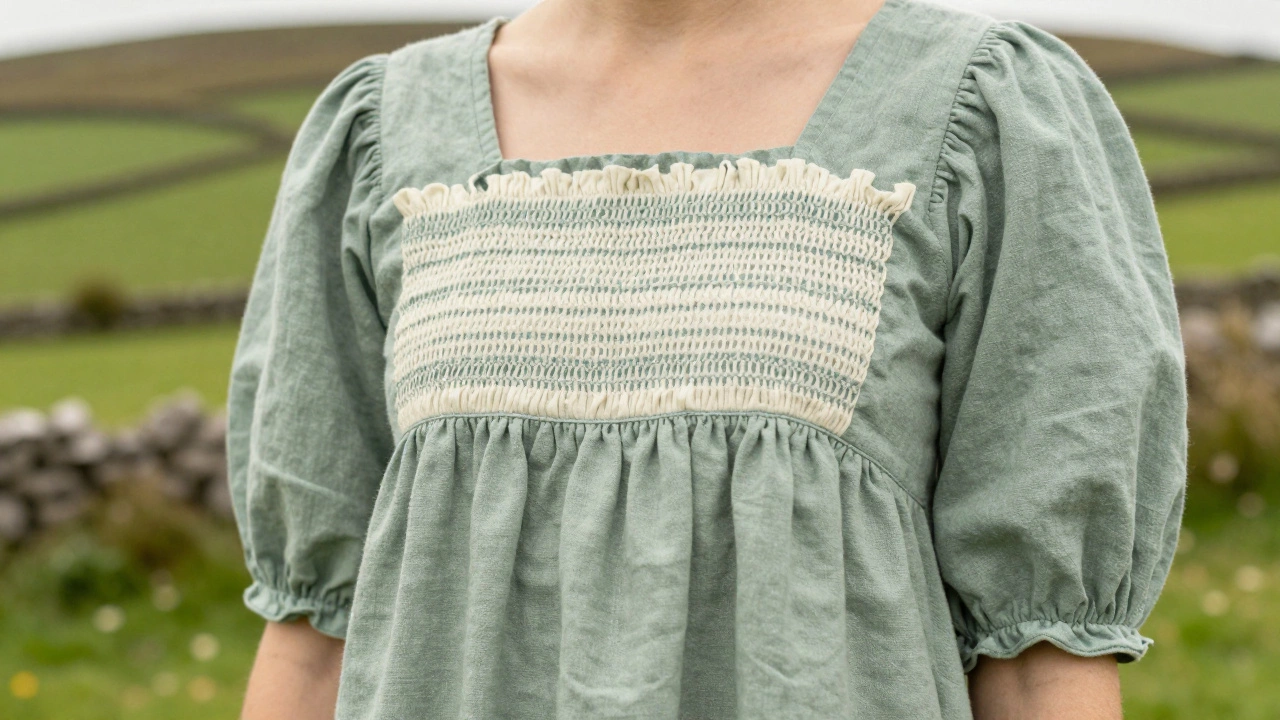 Close-up of linen milkmaid dress smocking and square neck detail