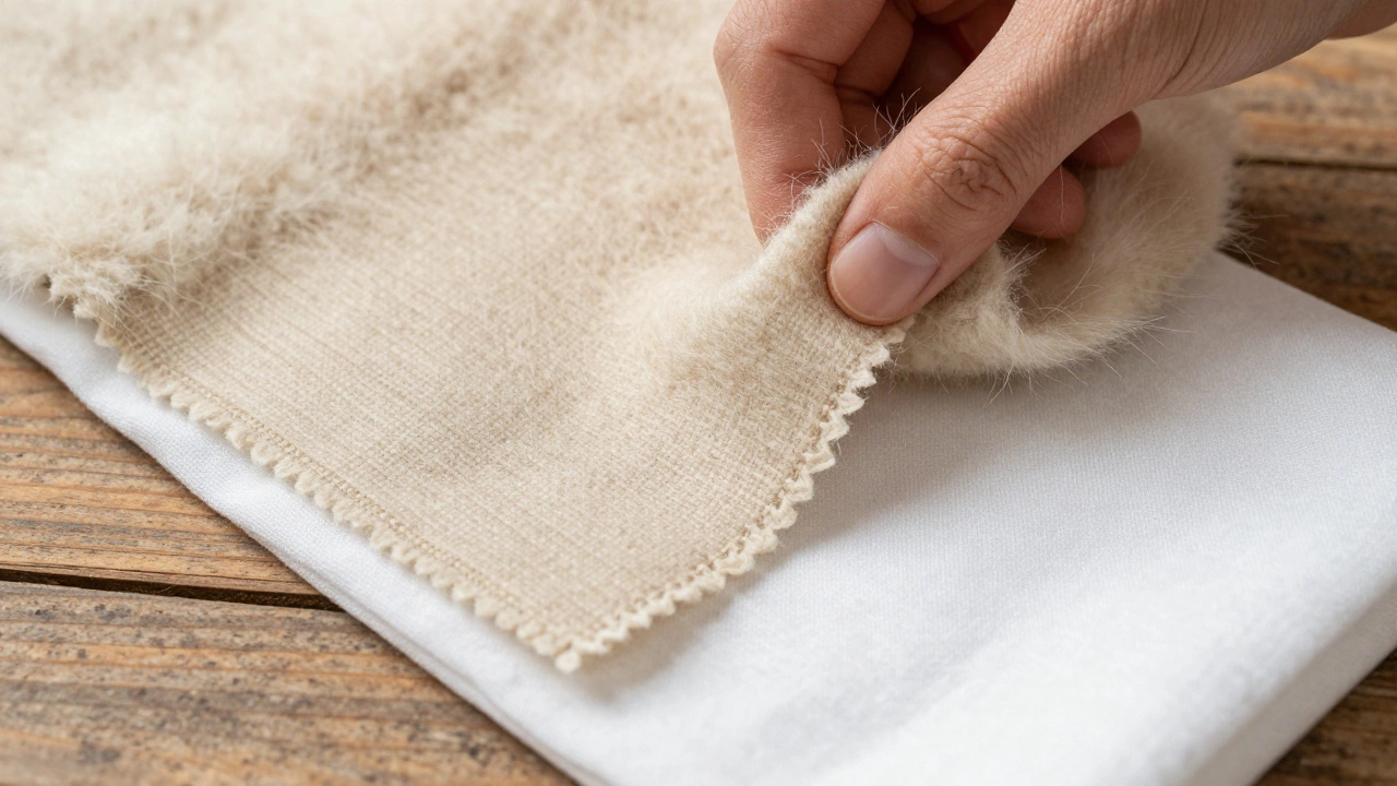 Close-up of wool, sheepskin, and cotton slipper materials on a wooden table