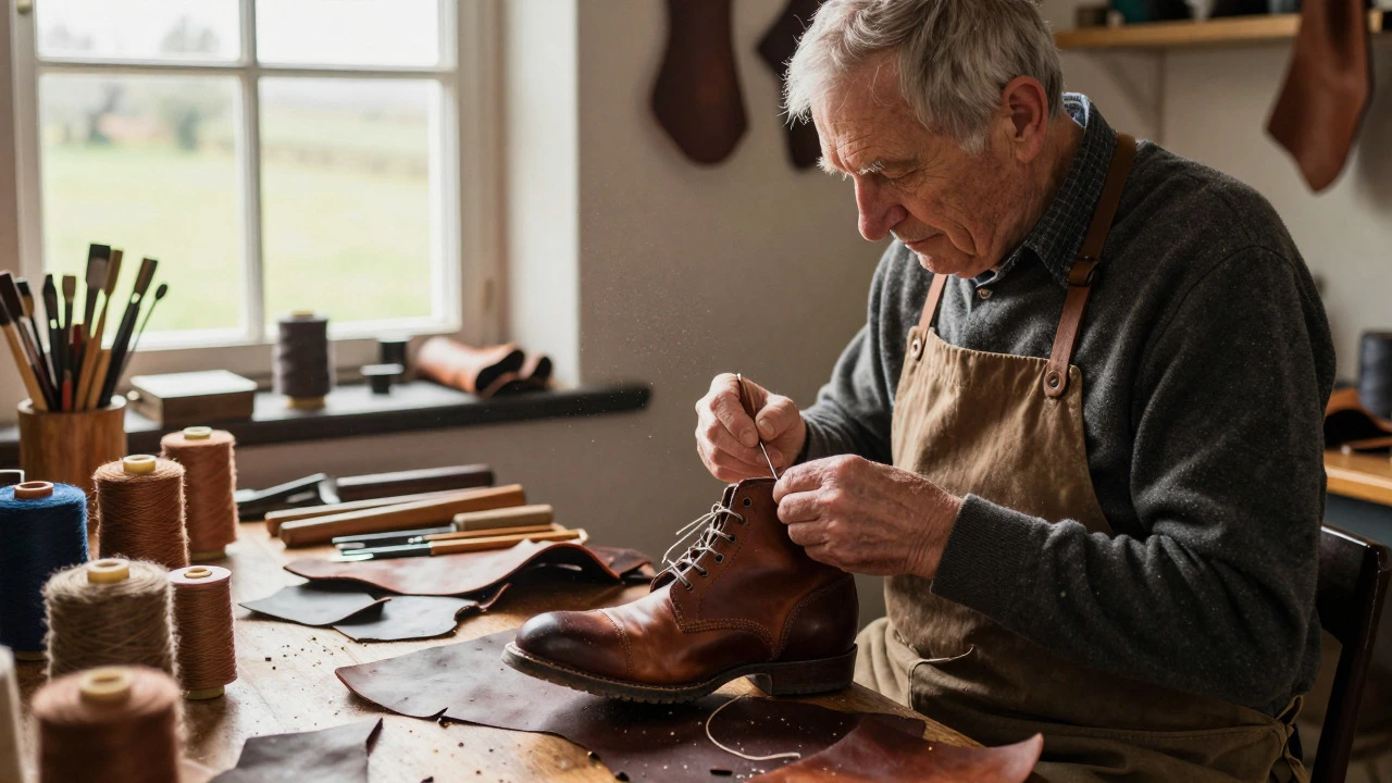 Cobbler repairing leather boots in a traditional workshop
