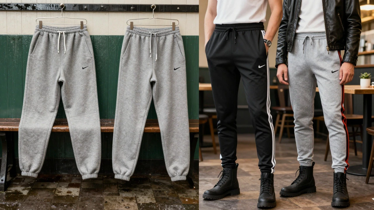 Contrast between vintage baggy sweatpants and modern stylish tapered joggers