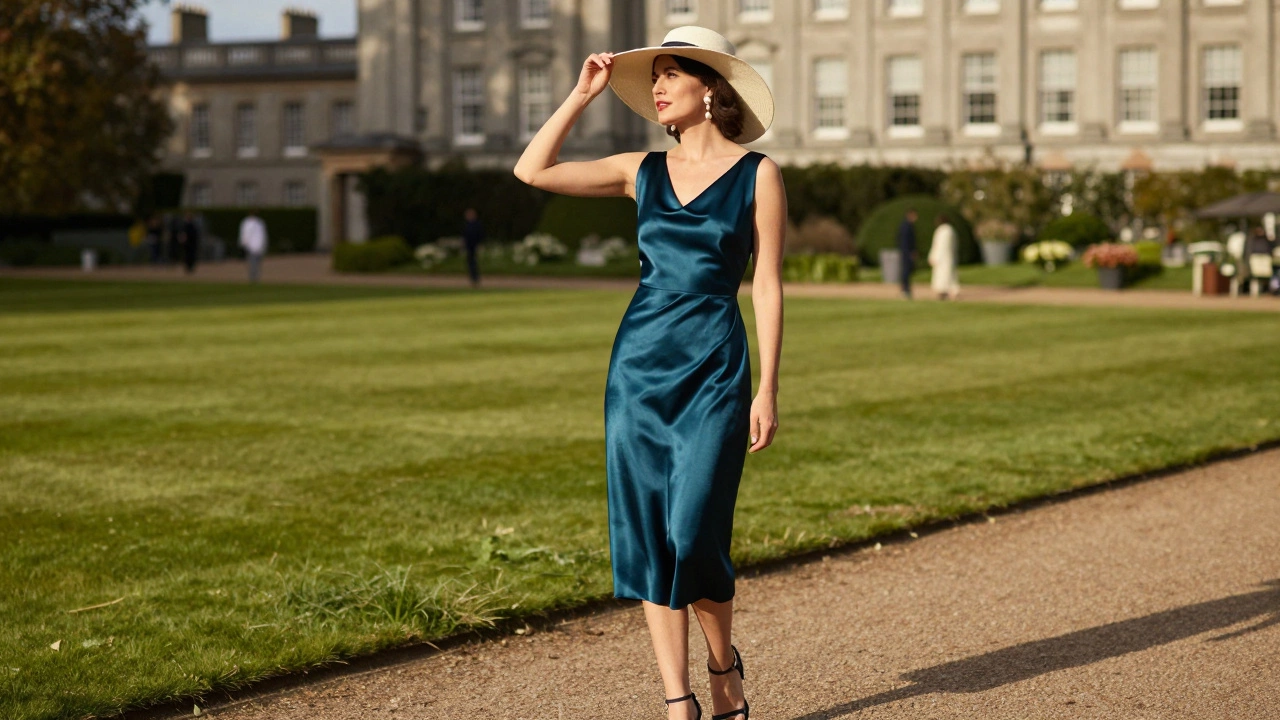 Elegant woman in silk dress at a garden party in Phoenix Park
