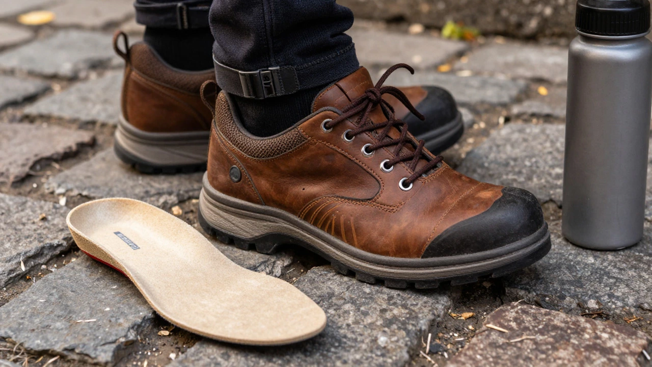 Ergonomic work shoes and insoles on cobblestones, highlighting support