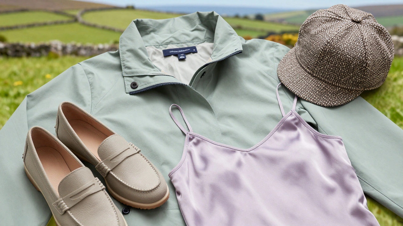 Flat lay of stylish, practical senior clothing and accessories