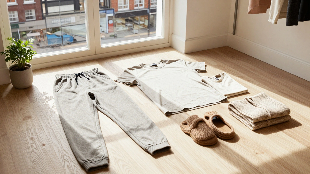 Flat lay of sustainable activewear and merino wool accessories