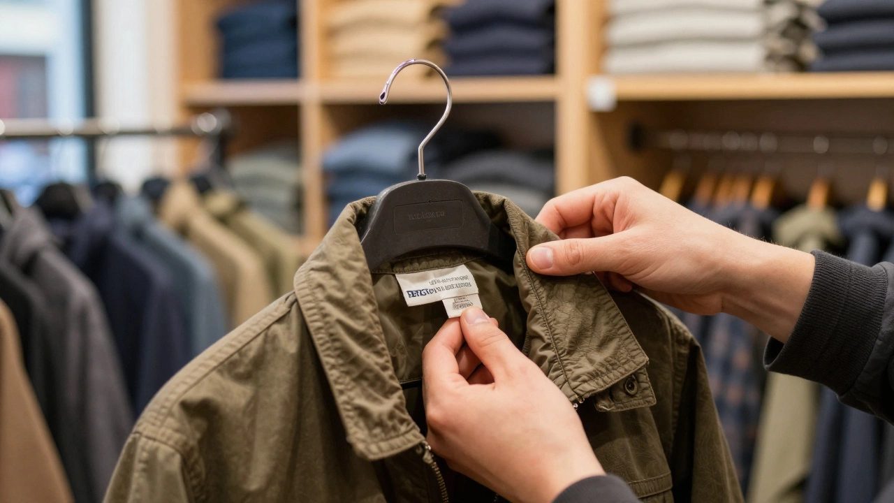 Hands checking tags on a jacket in an Irish charity shop