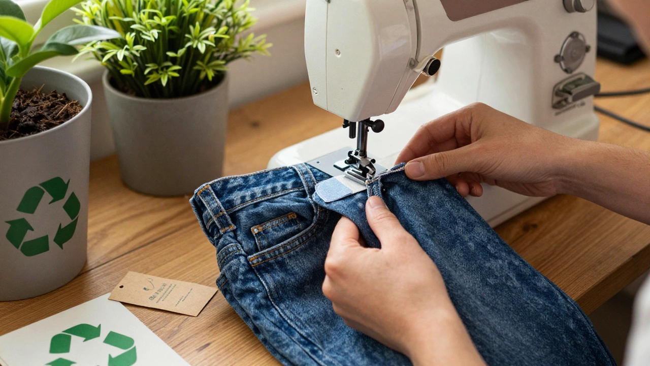 Hands repairing vintage jeans surrounded by sustainable fashion elements