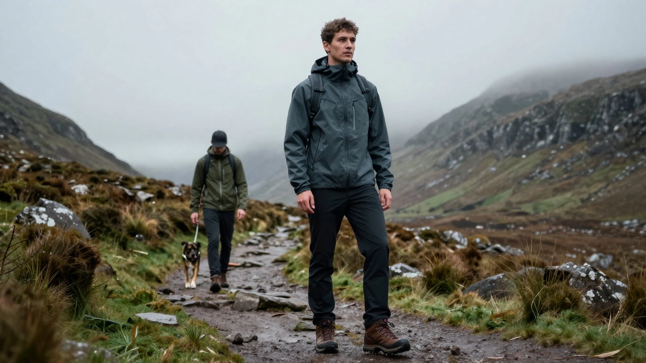 Hiker in technical gear on misty Irish mountains contrasting with casual walker in activewear.