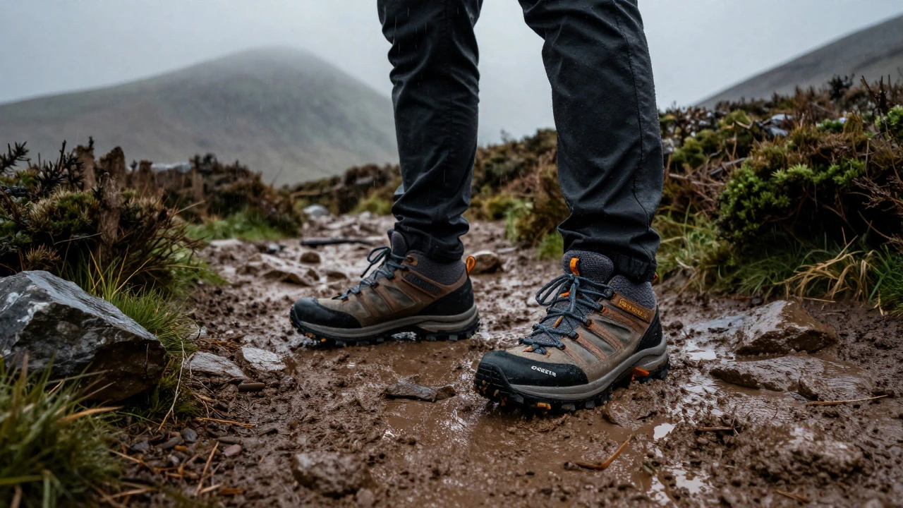 Hiker wearing waterproof walking trainers on a muddy Irish trail