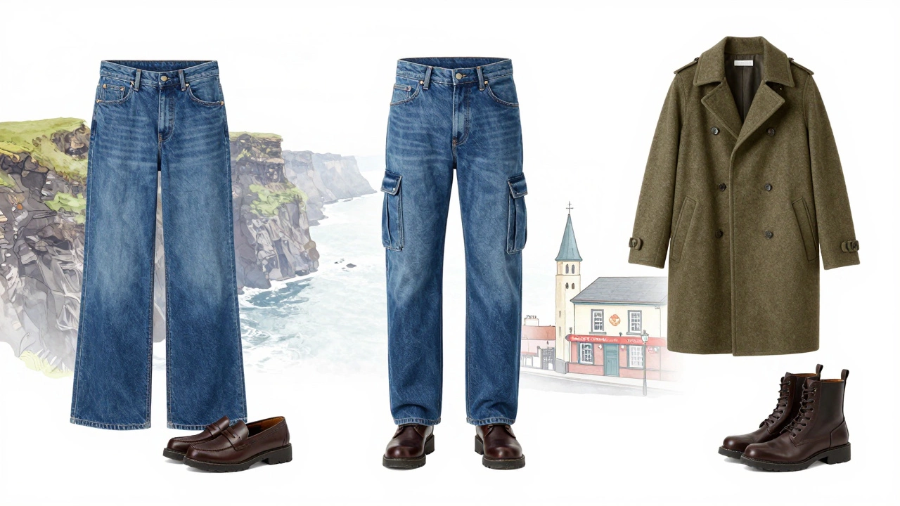 Illustration of wide-leg, straight-leg, and cargo denim styles with Irish backdrop