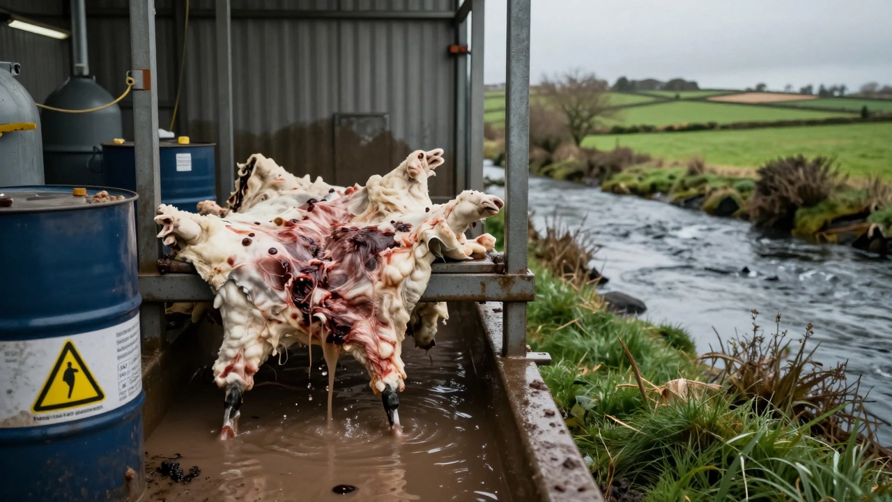 Industrial tannery chemicals contrasting with Irish river landscape