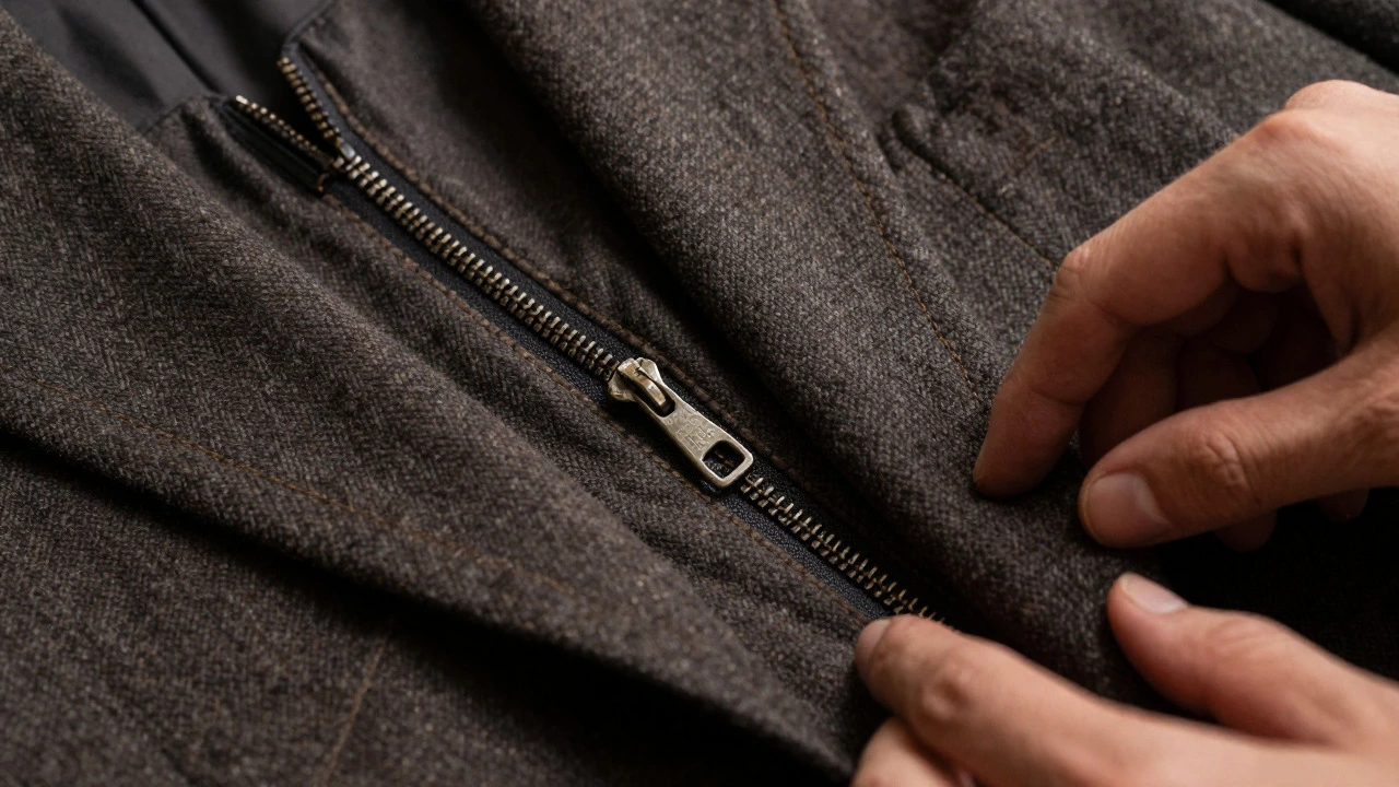 Macro detail of vintage wool blazer stitching and zipper hardware
