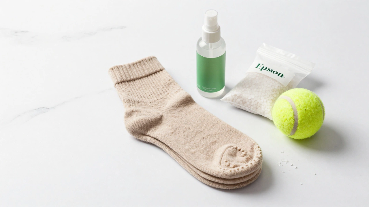 Merino socks, waterproof spray, and Epsom salts arranged