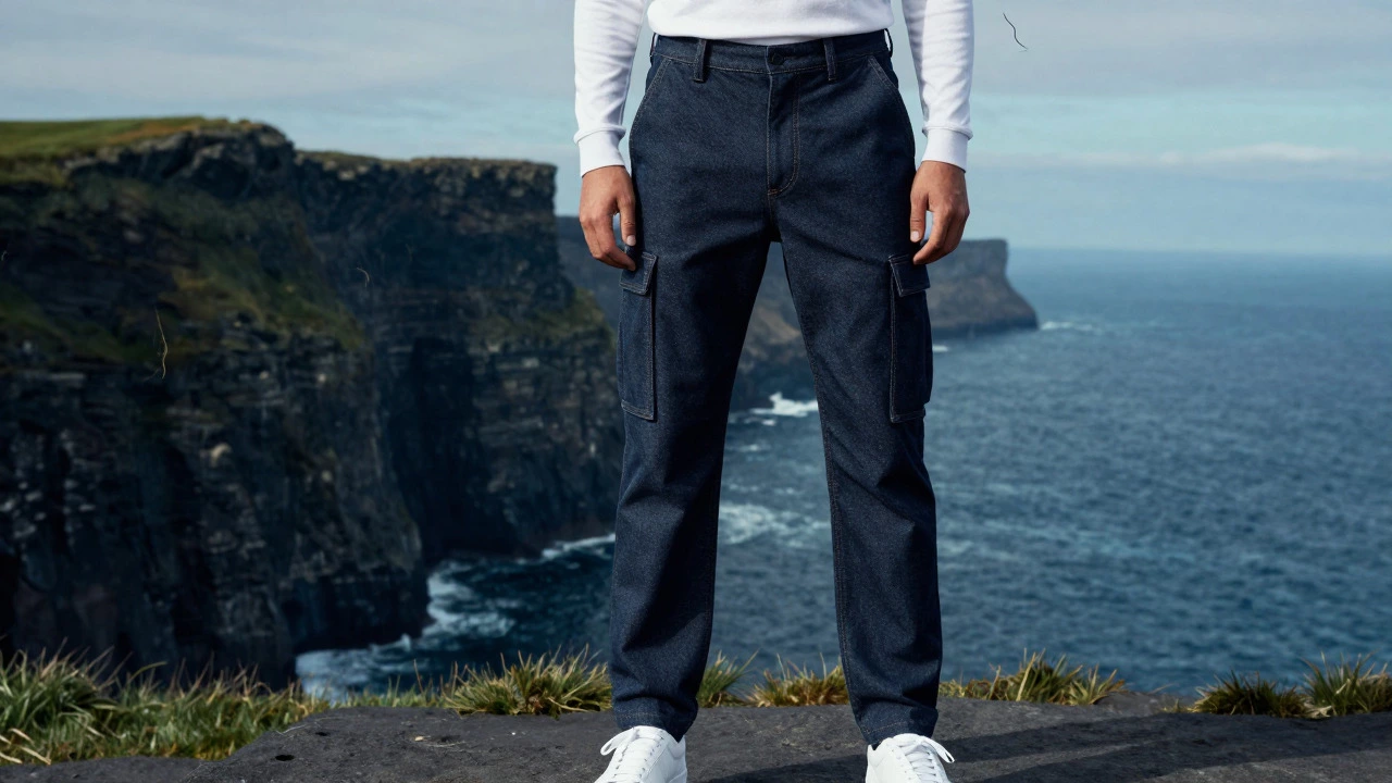 Model in sleek cargo pants against Irish coastal cliffs