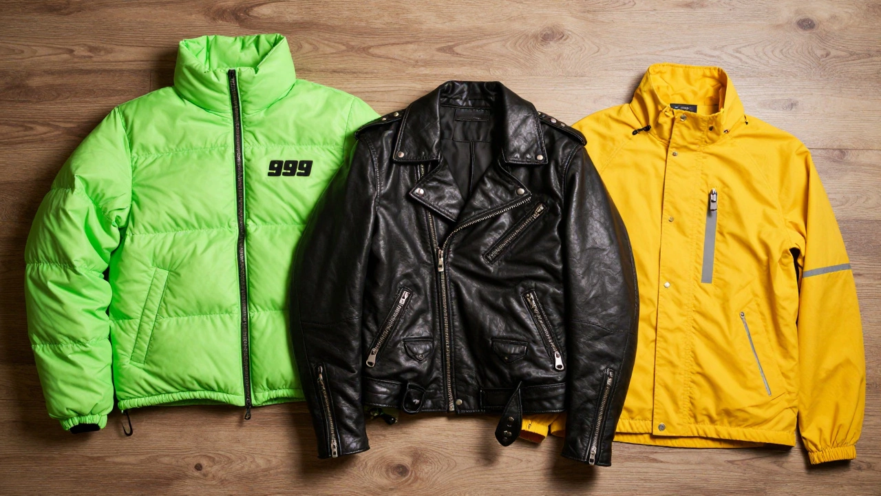 Neon puffer, leather biker, and windbreaker jackets from 1999