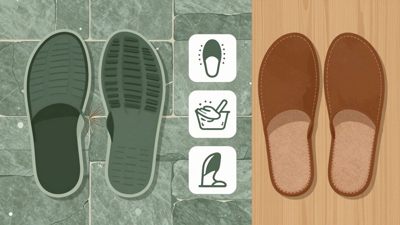 Overhead view of different slipper soles and care icons on a rustic surface