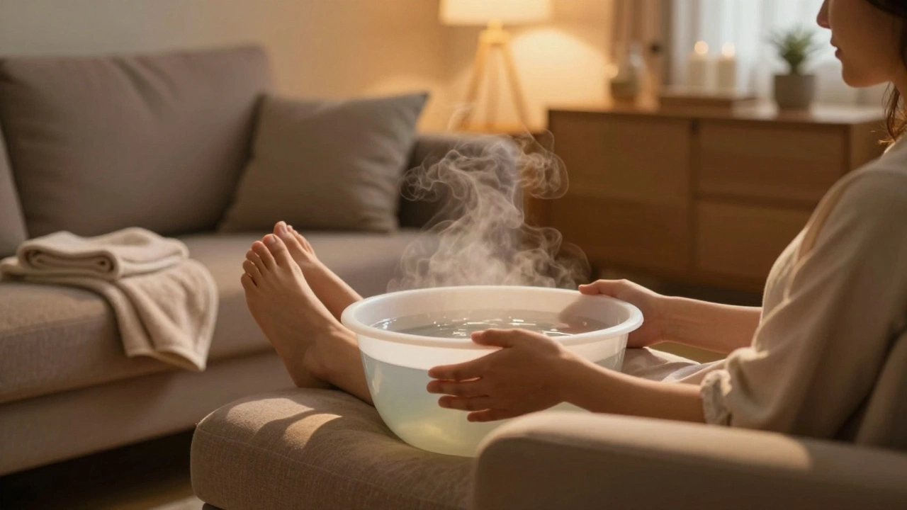 Person elevating feet in warm water bath after work