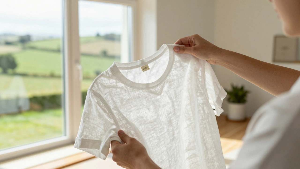 Person inspecting sustainable linen t-shirt in sunlit room