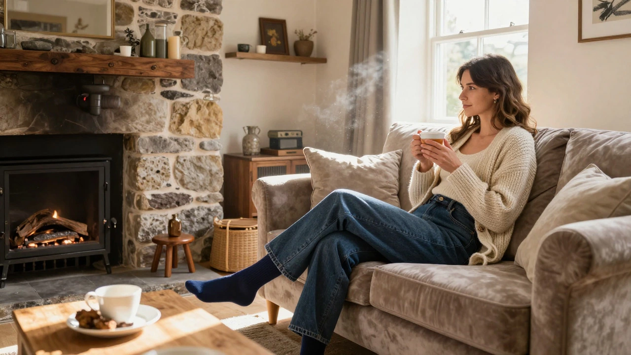 Person relaxing in cozy cottage wearing layered mom jeans