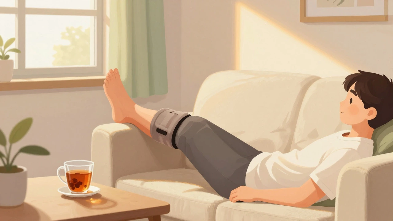 Person resting with legs elevated against wall for recovery