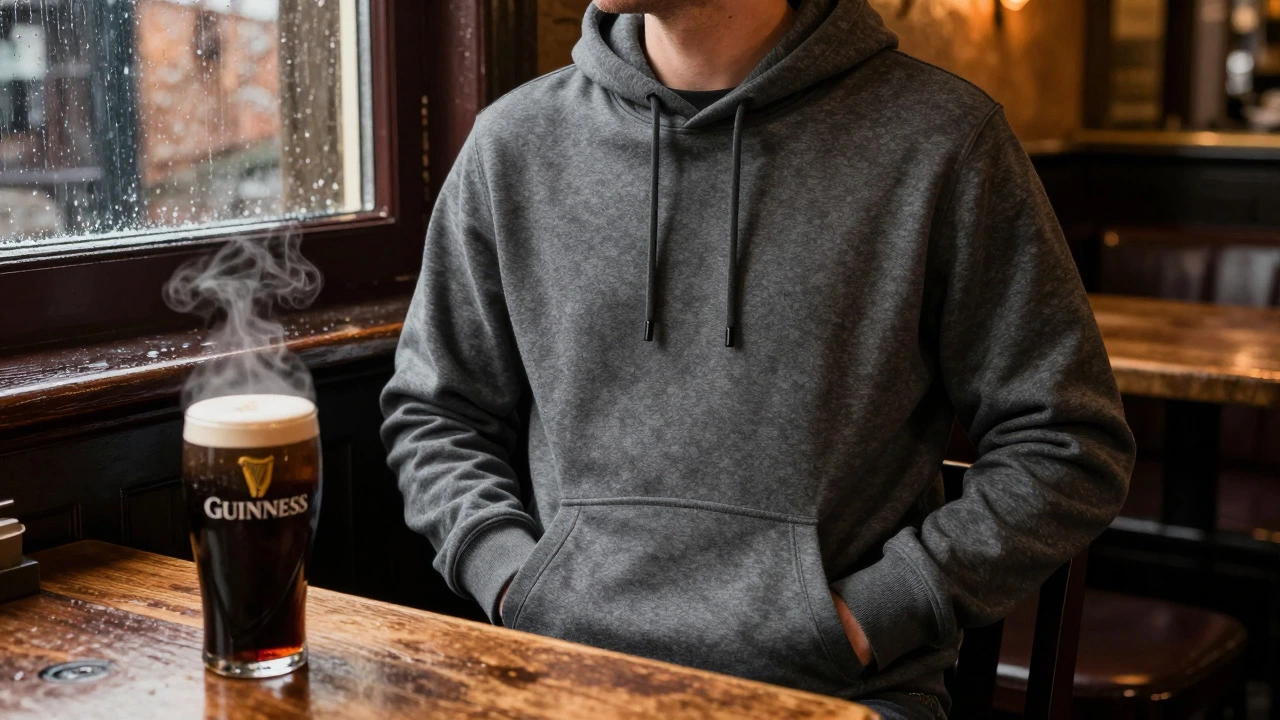 Person wearing cozy hoodie in warm Irish pub with drink