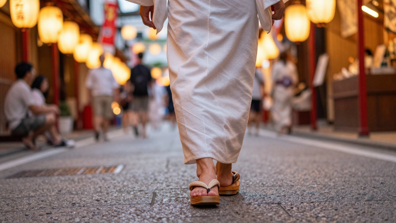 Person wearing wooden Geta sandals at a Japanese summer festival