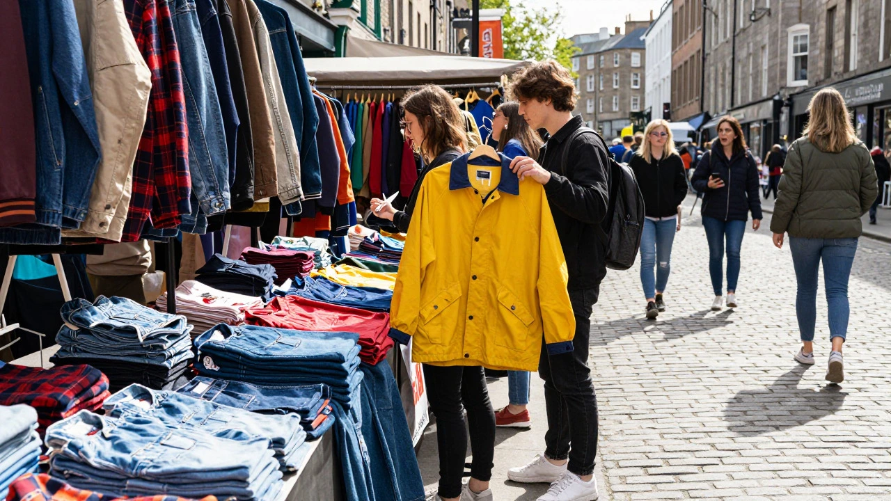 Shopper examining 80s windbreaker at a Dublin flea market stall