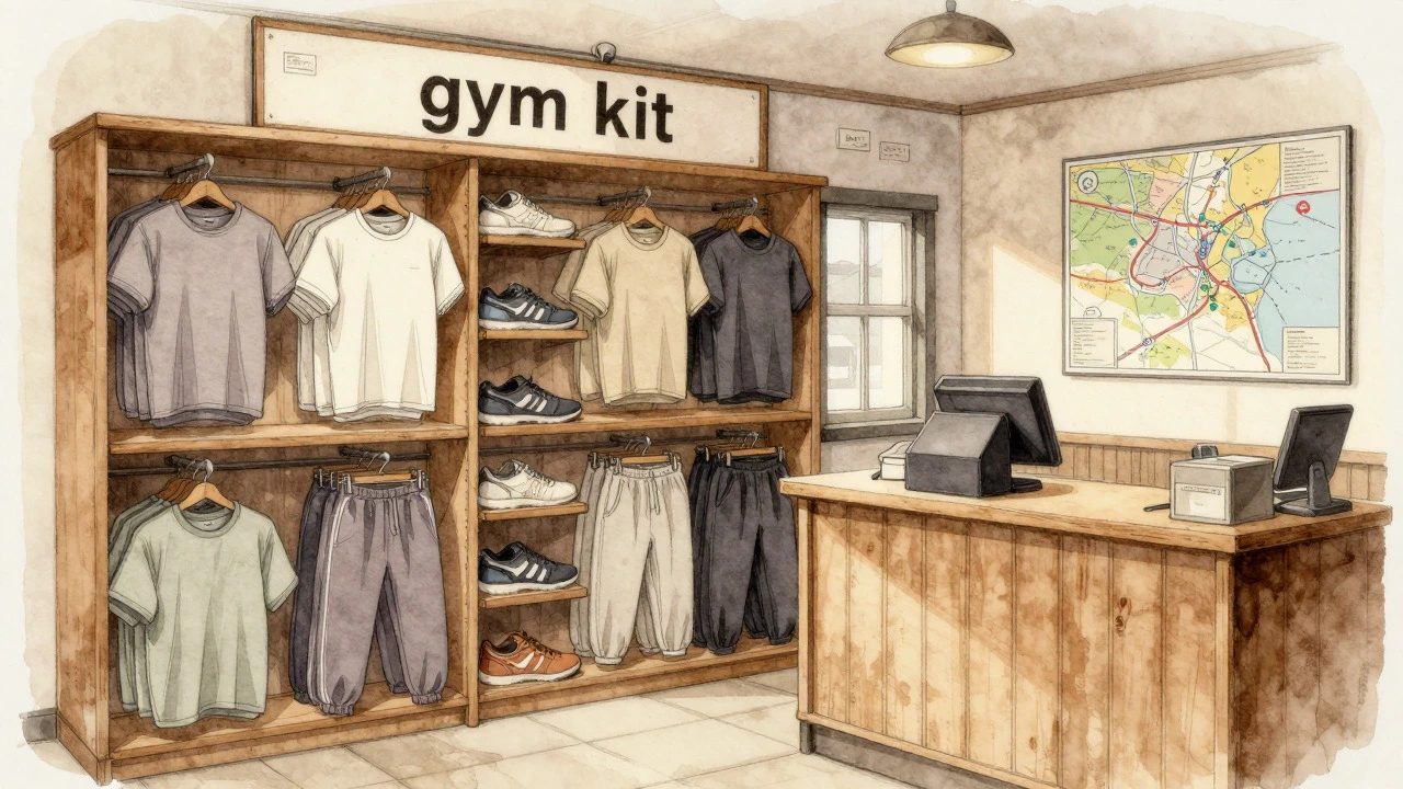 Simple gym kit hangs on racks inside a traditional Irish sports shop.