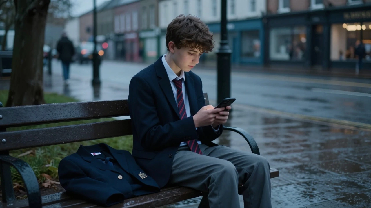 Student alone on bench with phone, illustrating cyberbullying continuing after school hours