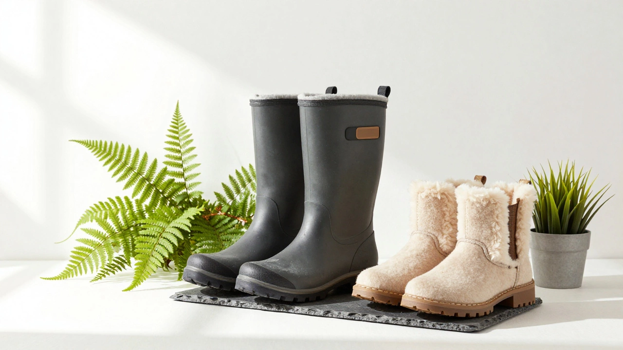 Sustainable vegan boots and plants displayed in bright studio light