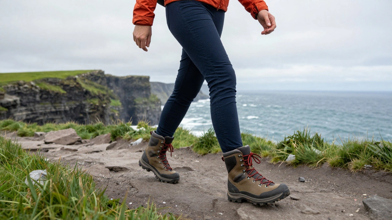 Woman hiking on rugged Irish cliffs in boots