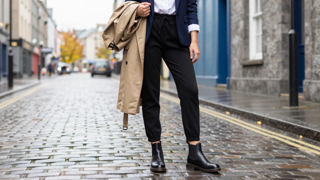 Woman in black joggers, blazer, and boots walking on wet cobblestones in Galway