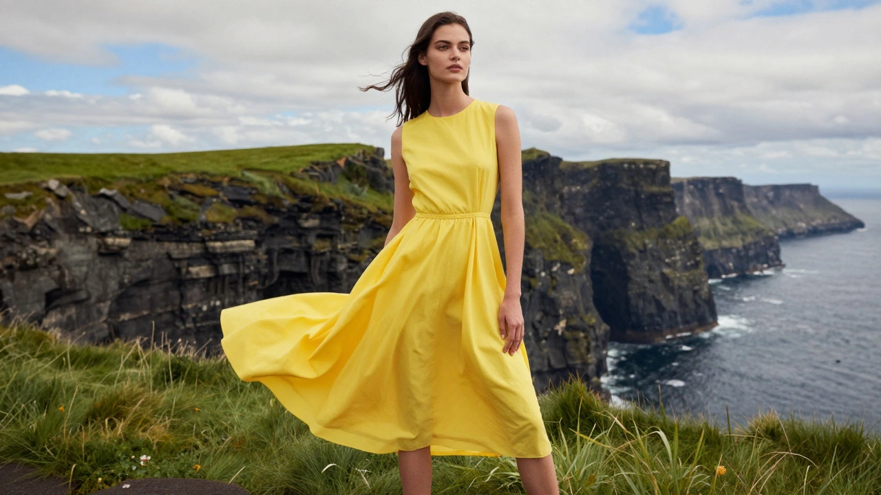 Woman in sunny yellow dress standing against green cliffs and grey stone