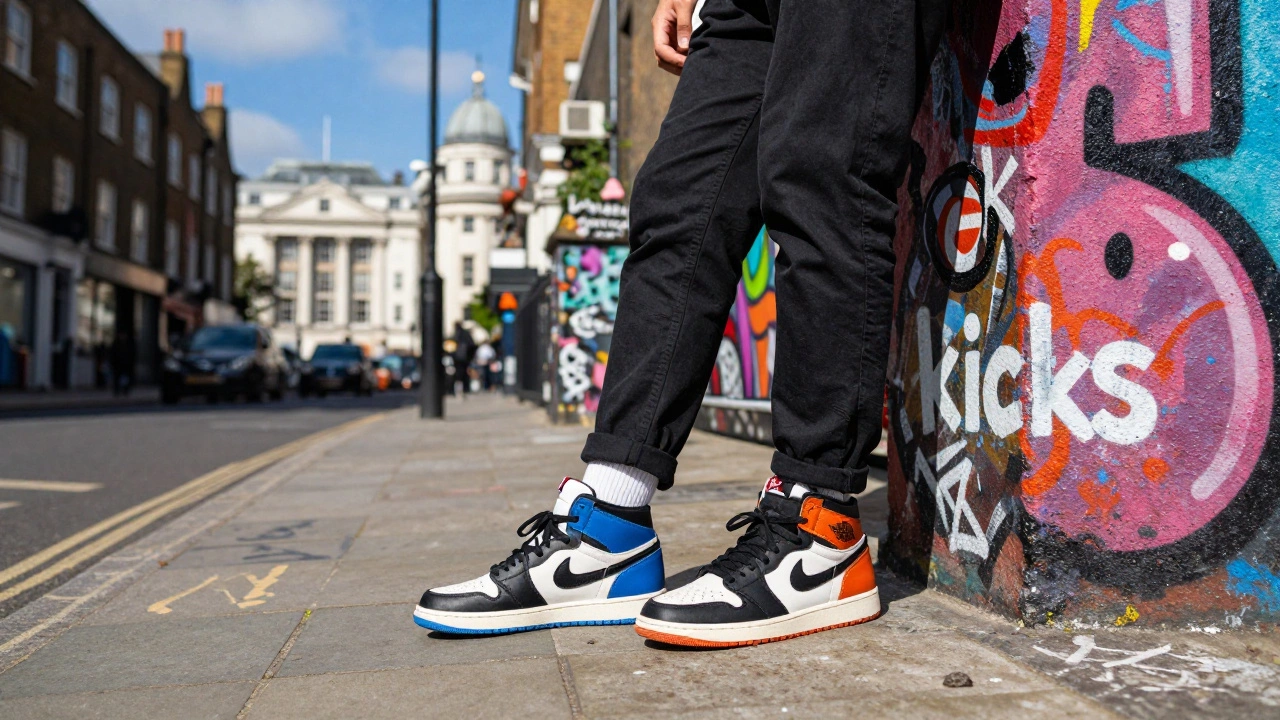 Young person showing off designer kicks in London streetwear