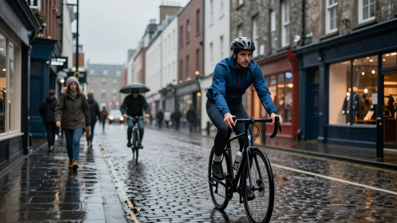 A person in stylish athleisure gear cycling through a rainy, illuminated city street