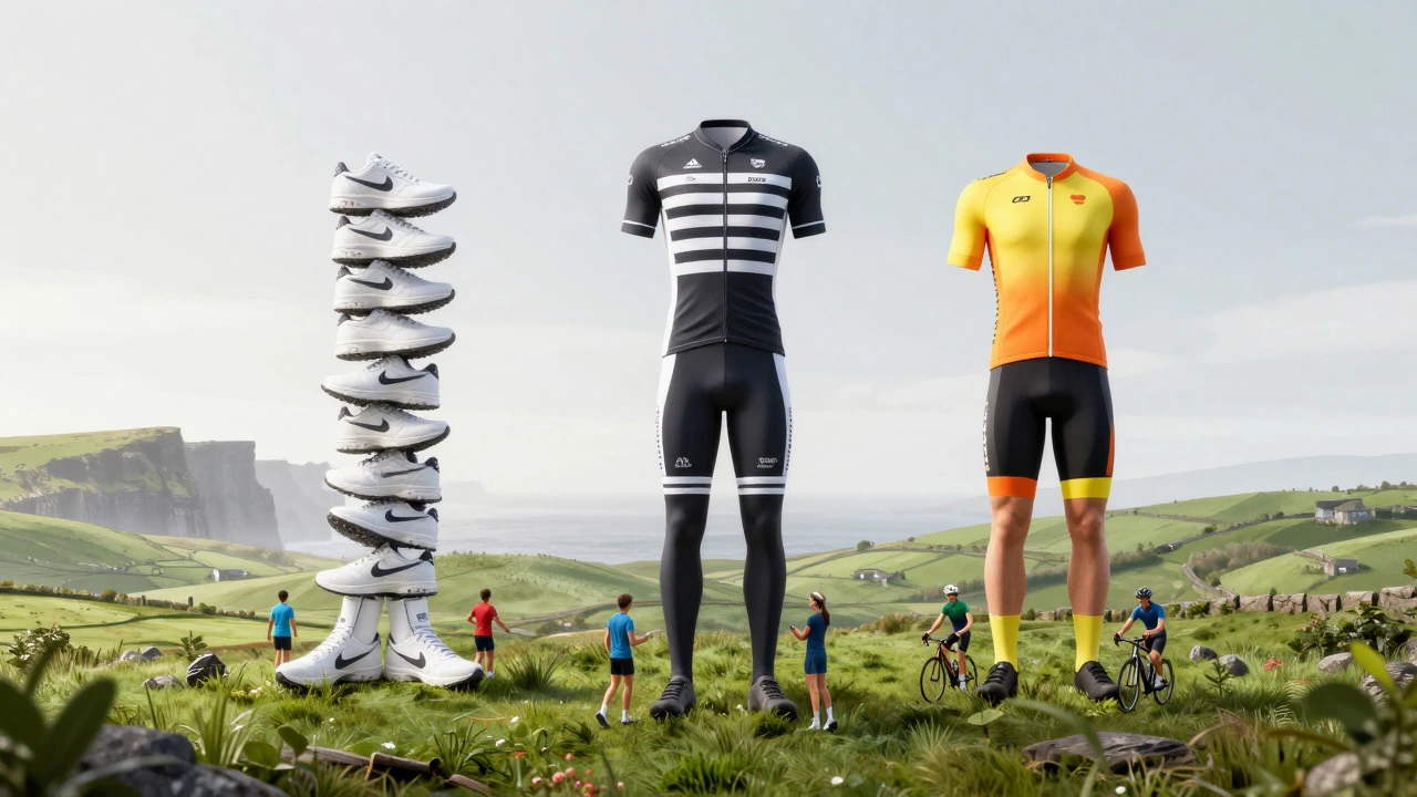 Abstract pillars of athletic gear rising from Irish landscape