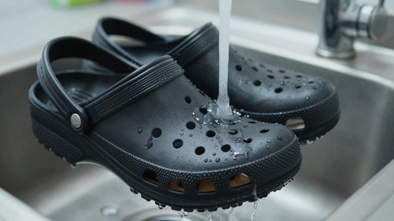 Black work Crocs being rinsed under a tap to show easy cleaning.