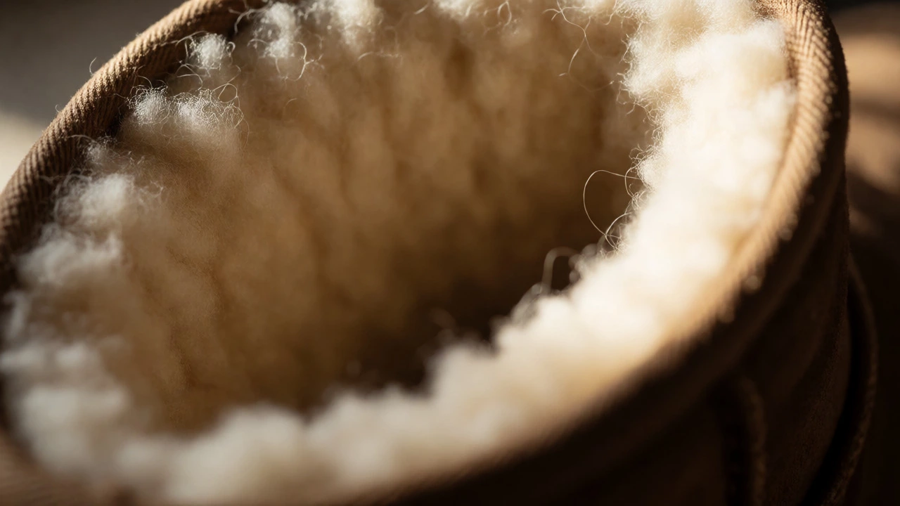 Close-up of bare feet inside fluffy sheepskin UGG lining showing natural texture and fit.