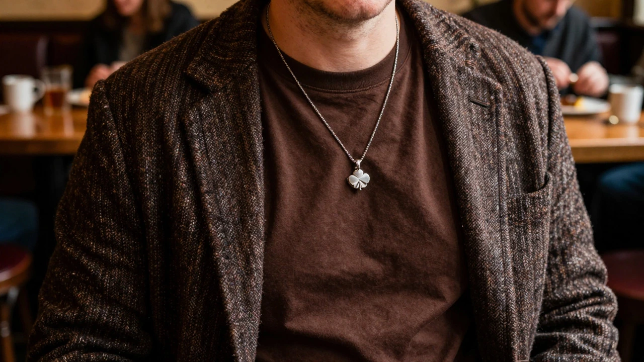 Close-up of brown t-shirt with tweed jacket and silver jewelry in a pub