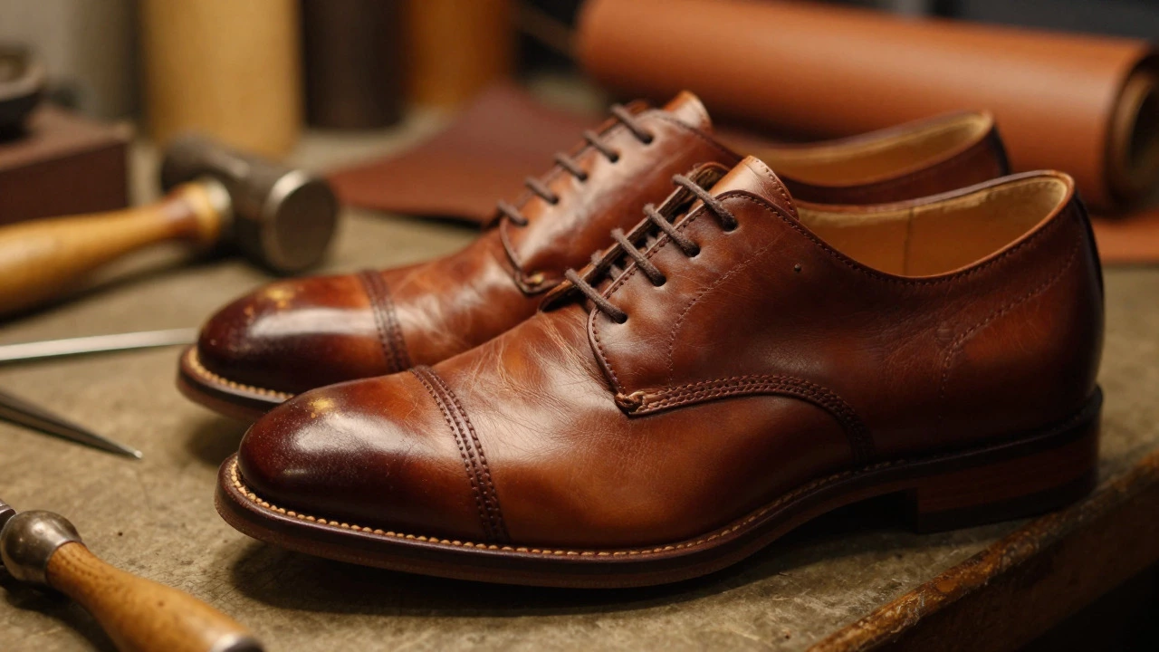 Close up of handmade leather shoes and tools in a traditional workshop